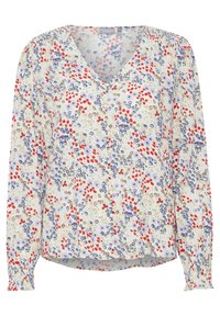 Bluse mit Blumenmuster in Creme, mit roten und blauen Mustern. V-Ausschnitt, durchgehende Knopfleiste, lange Ärmel mit elastischen Bündchen und lockerer Passform.