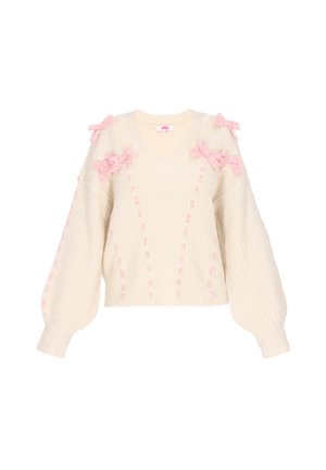 Maglione lavorato a maglia in crema con scollo a V, adornato da fiocchi in filato rosa sulle spalle e dettagli di cucitura verticale per texture e design.