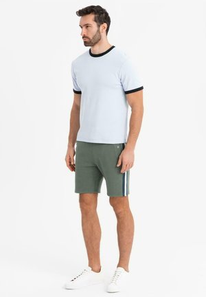 Lichtblauw T-shirt met zwarte kraag en manchetten, gecombineerd met groene shorts met een blauwe zijstreep. Model draagt witte sneakers.