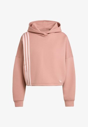 Sweat à capuche cropped rose avec un tissu doux, une coupe oversize, trois rayures blanches d'un côté et un petit logo sur le bord avant.