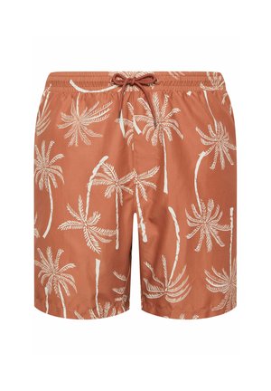 Krótkie kąpielówki w kolorze rdzy z białym nadrukiem palm, elastycznym pasem i wiązaniem z przodu.