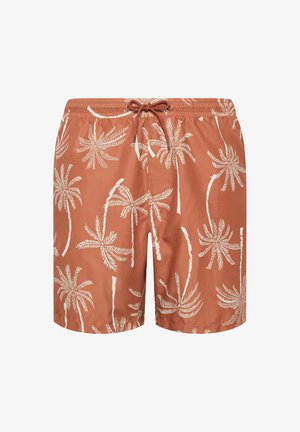 Krótkie kąpielówki w kolorze rdzy z białym nadrukiem palm, elastycznym pasem i wiązaniem z przodu.