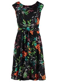 Robe noire sans manches avec un imprimé floral multicolore, taille cintrée et ceinture en tissu nouée à l'avant.