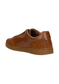 Brown leather sneaker with suede accents, rounded toe, and flat sole. Features lacing on the side and a padded collar for comfort.