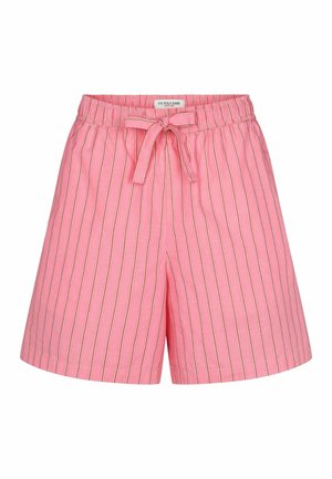 Roza kratke hlače sa elastičnim pojasom i detaljem vezanja sprijeda. Lagana tkanina. Vertikalne pruge u bijeloj boji s zlatnim akcentima.