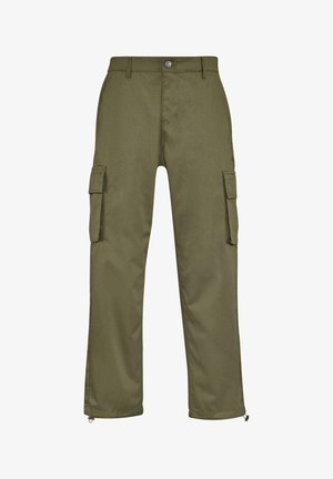 Olivgrüne Cargo-Hosen mit geradem Schnitt, zwei Seitentaschen und Reißverschlüssen an den Bündchen. Hergestellt aus strapazierfähigem Material.
