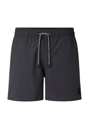 Schwarze Badeshorts für Herren mit elastischem Bund und weißem Kordelzug, knapp über der Kniehöhe, schlichtes Design mit kleinem Logopatch am Saum.
