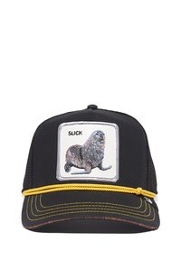 Black cap with mesh sides, yellow accent rope. Features an embroidered patch of a sea lion and the word "SLICK" above it.