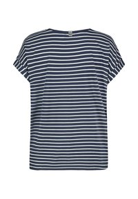 Navy blue short-sleeve top with white horizontal stripes; round neckline and a relaxed fit; soft, smooth fabric with a tag at the back.