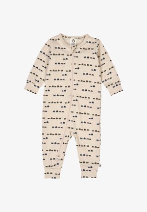 Beige baby jumpsuit met lange mouwen, voorzien van een ritssluiting aan de voorkant en een meerkleuren treinenpatroon met locomotieven en wagons.