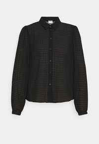 Blouse noire à boutons avec manches longues, motif en grille texturée et col classique. Fabriquée à partir d'un tissu léger et transparent.