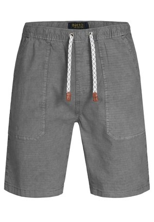 Gray shorts with a textured, woven fabric, elastic waistband, and white drawstring. Features two side pockets and contrasting leather accents.