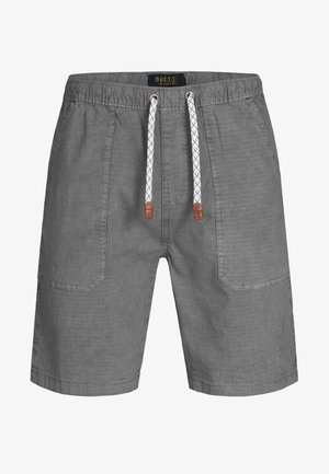 Szare spodenki z teksturowanej, tkanej tkaniny, elastycznym pasem i białym sznurkiem. Mają dwie boczne kieszenie i kontrastowe skórzane akcenty.