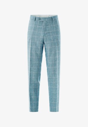 Light blue tailored pants with white windowpane check pattern, button closure, and belt loops.