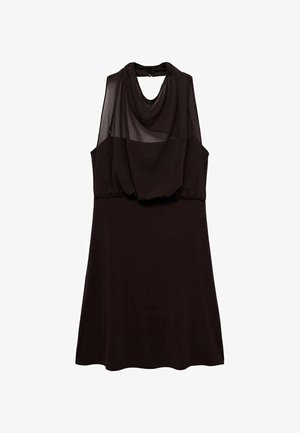 Black dress with a draped, sheer overlay at the neckline and a fitted waist. Smooth fabric extends to a flared hemline.