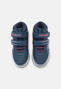 Blue and red high-top sneakers with Spider-Man branding, Velcro straps, perforated toe box, padded collar, and white rubber sole.