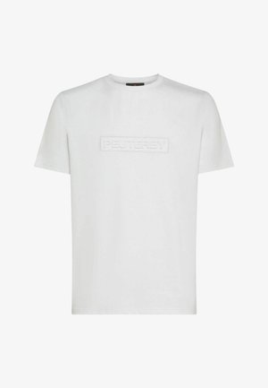 Weißes T-Shirt aus Baumwolle mit kurzen Ärmeln, ausgestattet mit einem strukturierten "PEUTEREY"-Logo in einem rechteckigen Patch auf der Vorderseite. Klassischer Rundhalsausschnitt.
