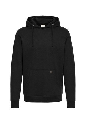 Fekete pulóver kapucnis felső, puha anyagból készült, elülső zsebbel, állítható húzózsinórral és bordázott mandzsettákkal és aljjal.