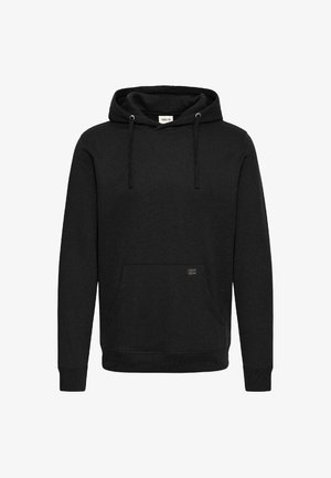 Fekete pulóver kapucnis felső, puha anyagból készült, elülső zsebbel, állítható húzózsinórral és bordázott mandzsettákkal és aljjal.