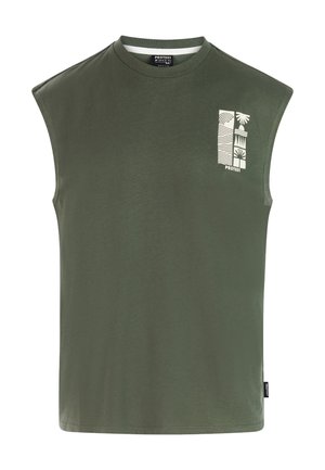 Olijfgroene mouwloze T-shirt gemaakt van katoen. Heeft een wit grafisch ontwerp aan de linkerbovenkant, met een klassieke ronde hals.