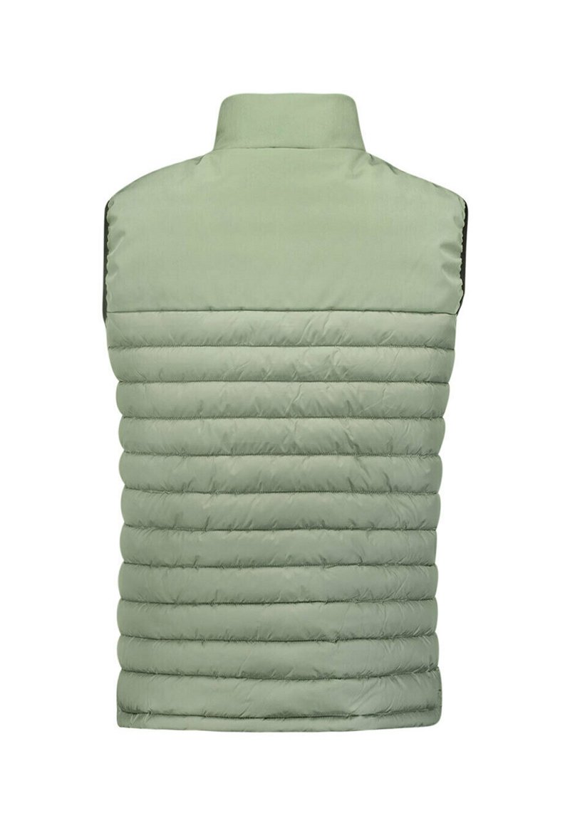 Gilet en duvet vert clair avec un col haut, présentant un motif matelassé et une texture lisse. Vue de dos, sans quincaillerie ni accents visibles.