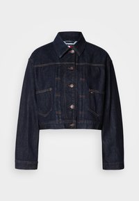 Mørkeblå cropped denimjakke med knappelukking, to frontlommer og kontraststing. Har klassisk krage og lange ermer.
