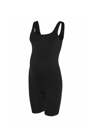 Črn materinski bodi z širokimi naramnicami, prilegajoča zasnova, gladka tekstura in dolžina hlač. Primeren za udobje med nosečnostjo.