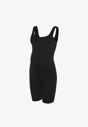 Zwarte zwangerschapsbody met brede schouderbanden, aansluitend ontwerp, gladde textuur en shortlengte. Geschikt voor comfort tijdens de zwangerschap.