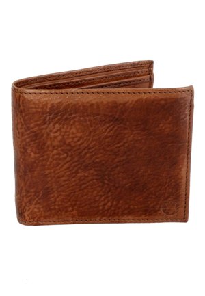 Brown leather wallet with a textured finish, bi-fold design, and visible stitching. Displays a subtle logo on the lower right corner.