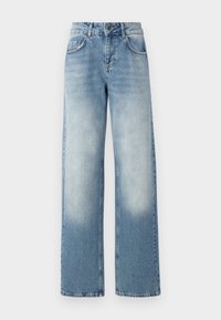 Light blue wide-leg jeans in denim, featuring a high waist, five pockets, and slightly faded areas. Stitching accents along seams.