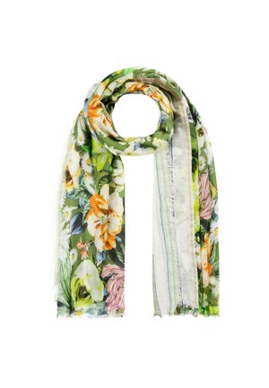 Écharpe légère à motif floral dans des tons verts, orange, blanc et rose, roulée de manière lâche avec des bords effilochés sur un fond blanc.