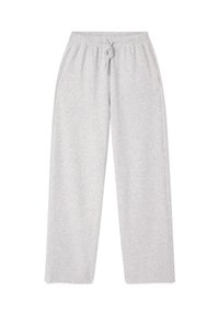 Gaiši pelēkas sporta bikses no mīksta auduma, ar elastīgu vidukli un auklu, sānu kabatām un vaļēju pieguļojumu.