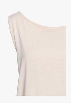 Svetlo bež top brez rokavov s okroglo obrobo, izdelan iz gladkega, mehkega materiala, z udobnim krojem in minimalnimi detajli.