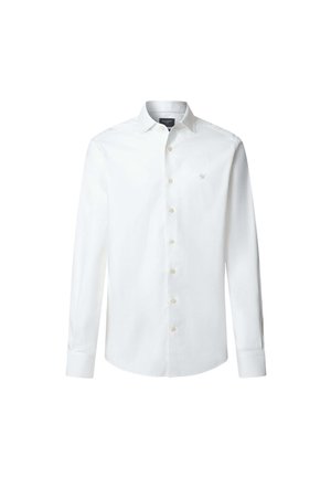 Weißes Langarmhemd aus Baumwolle. Verfügt über einen Button-Down-Kragen, Knöpfe an der Vorderseite und ein kleines gesticktes Logo auf der Brust.