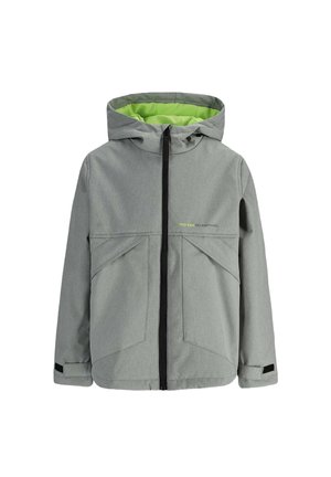 Jasnoszara kurtka z kapturem, neonowozielonym wnętrzem, przednim zamkiem błyskawicznym, skośnymi kieszeniami oraz napisem "MOŻESZ WSZYSTKO" na piersi.