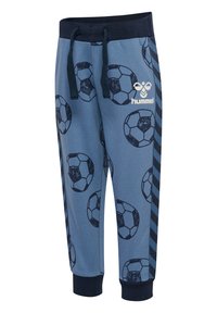 Blå sweatpants med fotbollsdesign, en marinblå midja och dragsko. Har sidostripes och "hummel"-logotyp.
