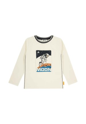 Cream long-sleeve shirt with black trim collar, featuring an astronaut stepping on the moon and the word "MOON" in blue.