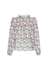 Blomsterbluse med rynket halsudskæring og lange ærmer, prydet med et blåt, pink og hvidt mønster på et let stof.
