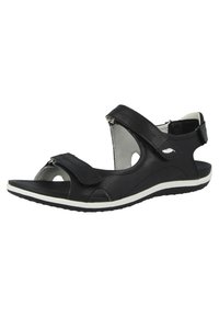 Sandal nero realizzato in materiale sintetico testurizzato; presenta punta aperta, cinturini regolabili e una suola in gomma bianca con un lieve arco.