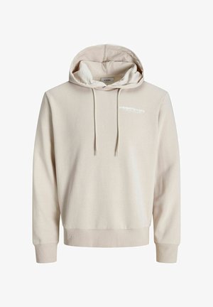 Bež pulover s kapuco z žepom spredaj, nastavljivimi vrvicami, rebrastimi manšetami in robom ter majhnim belim napisom "JJ Rebel Philosophy" na prsih.