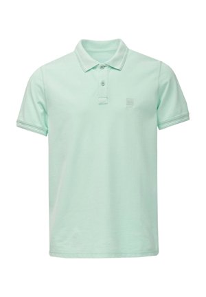 Light green short-sleeve polo shirt with two buttons, ribbed collar and sleeve edges, and a small square logo on the left chest.