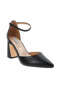 Tacco in pelle nera con punta affusolata e cinturino alla caviglia. Presenta un tacco spesso e una superficie liscia con una fodera interna beige.