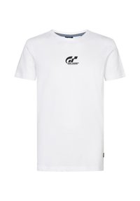 Bílá bavlněná tričko s krátkými rukávy a kulatým výstřihem. Na hrudi má černé logo "Gran Turismo". Bez vzorů nebo akcentů.