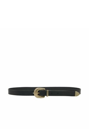 Ceinture en cuir noir avec une boucle en ton or texturée, présentant des bords décoratifs. La ceinture comporte plusieurs trous pour l'ajustement.