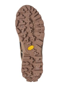 Brauner Gummiaußensohle mit aggressiven Profilmustern, darunter sechseckige und kreuzförmige Formen, mit einem gelben Vibram-Logo, das gut sichtbar ist.