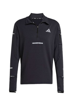 Zwarte sportieve pullover met een kwart-rits, gestructureerde stof, reflecterende accenten en een ritszak op de mouw. Heeft een hoge kraag.