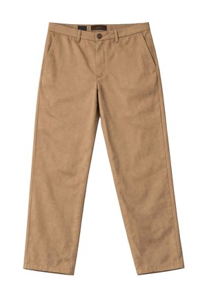 Lysebrune bukser med lige ben, bæltestropper, sidelommer, forsideknaplukning og lynlås, lagt fladt på en hvid baggrund.