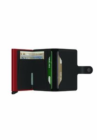 Red and black wallet features a textured exterior, multiple card slots, a cash compartment, and a snap closure.