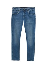 Jeans de denim azul con corte recto, diseño de cinco bolsillos, desgaste sutil en los muslos y una etiqueta en la cintura que indica la talla 31/32.
