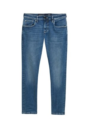 Jeans in denim blu con taglio dritto, design a cinque tasche, leggera scoloritura sulle cosce e etichetta in vita che indica la taglia 31/32.